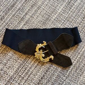 Express Black Suede Belt with Heavy Ornate Gold Buckle and Elastic Band Size M